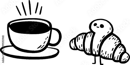 Cup and croissant standing together on white surface drawing