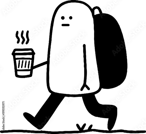 Backpack character walking while carrying hot coffee outside