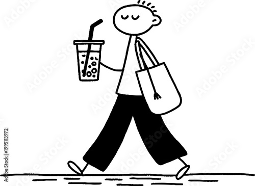 Person walking holding drink and tote bag on city sidewalk