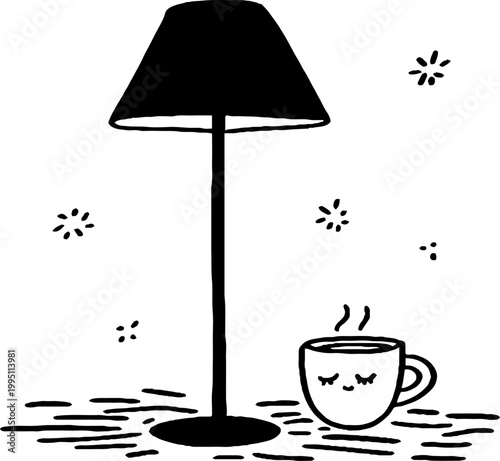 Steam cup resting beside standing lamp on tabletop scene