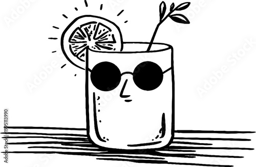Glass with sunglasses smiling on tabletop with lemon slice
