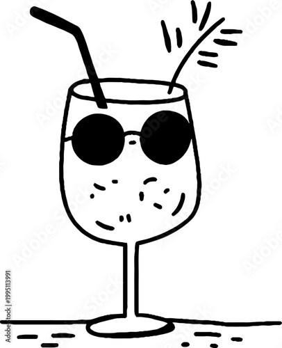 Wine glass wearing sunglasses with straw on tabletop surface