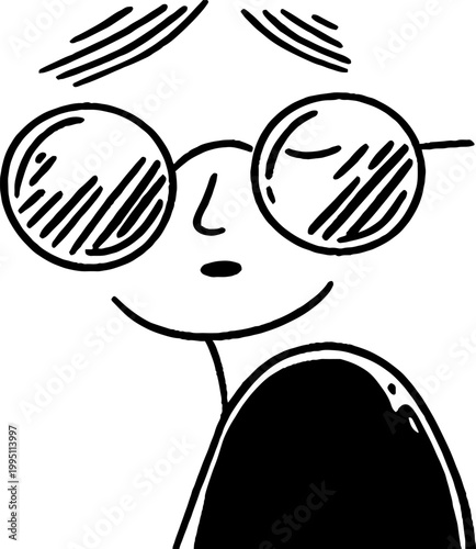 Person wearing round sunglasses smiling in simple white background