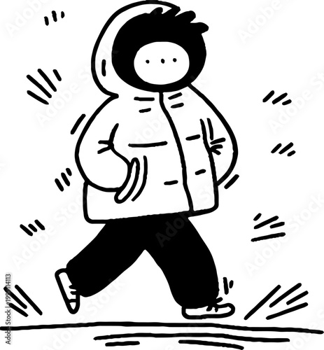 Person walking in padded jacket with hood on outdoor path