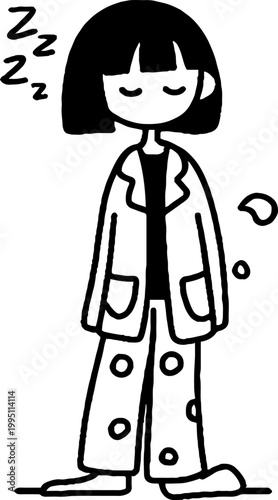 Young girl standing asleep in pajama outfit with zzz icons