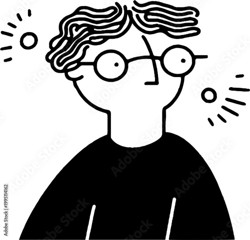 Young man wearing glasses looking sideways in line art background