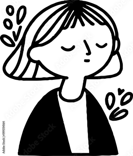 Young woman with eyes closed in botanical doodle background