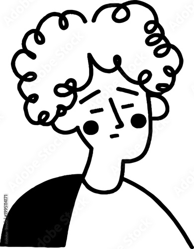 Young person with curly hair looking thoughtful in plain background