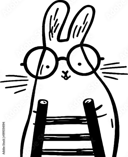 Cartoon rabbit wearing glasses holding ladder studio illustration