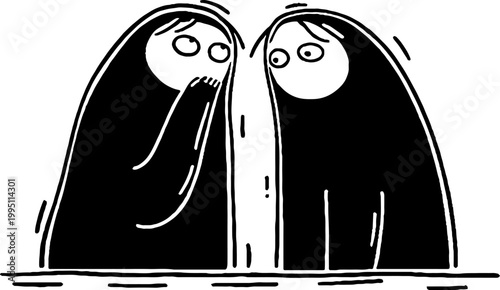 Two cloaked figures whispering beside simple tabletop