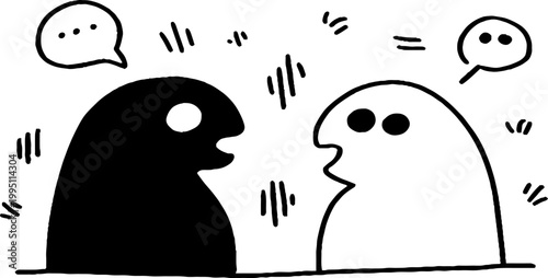 Black and white figures facing each other in simple scene