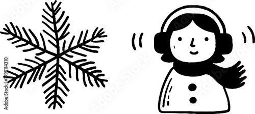 Girl wearing earmuffs standing beside large snowflake illustration