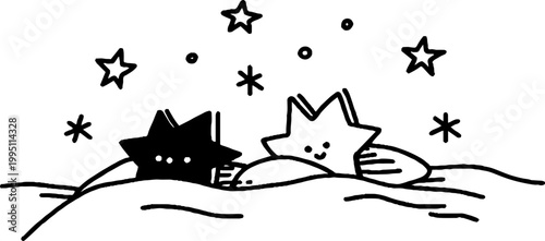 Two star characters peeking over hill under night sky