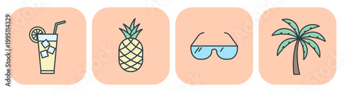 Flat vector icons of summer vacation elements: cocktail, pineapple, sunglasses, and palm tree. Illustrations for tourism design