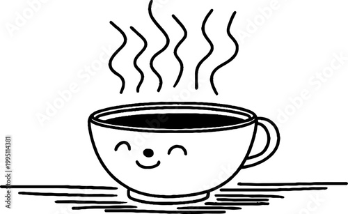 Smiling cup releasing steam on white tabletop background