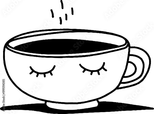 Coffee cup resting with closed eyes on plain white surface