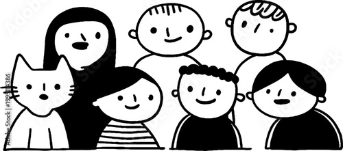 Group of diverse faces including cat together on white background