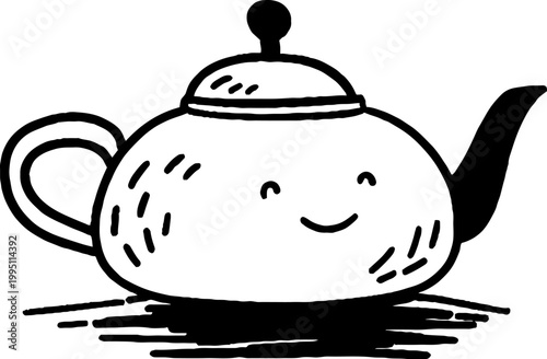 Small teapot with smiling face sitting on flat surface white background
