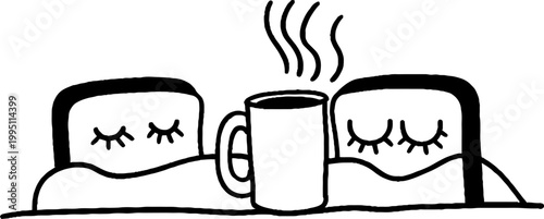 Two slices of bread resting with steaming cup between them