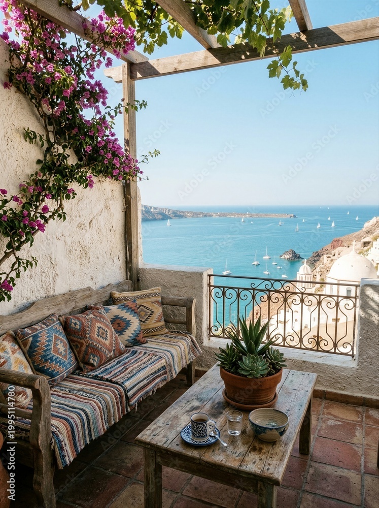 Naklejka premium Cozy Mediterranean balcony with floral vines overlooking serene ocean horizon