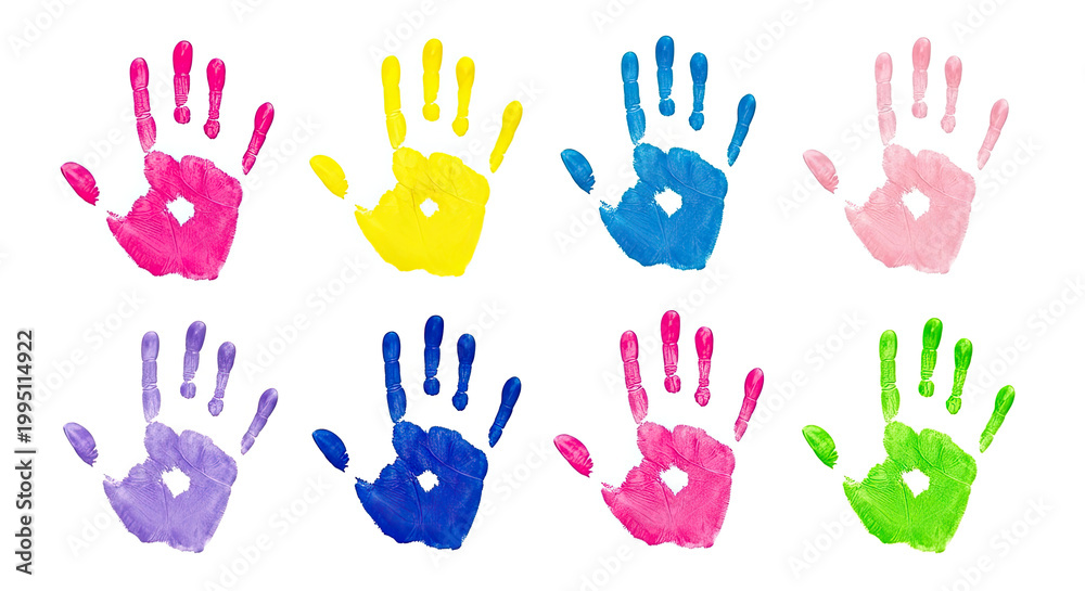Fototapeta premium Vibrant colorful handprints child art on clean white background showcasing diversity creativity and playful innocence