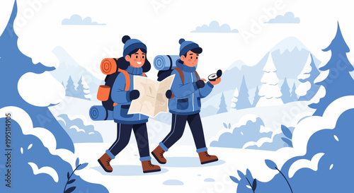 Two hikers with backpacks navigating a snowy landscape.