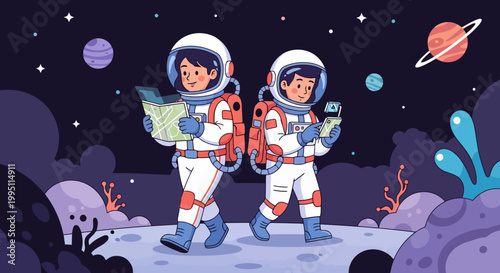 Two astronauts exploring an alien planet with map and phone.