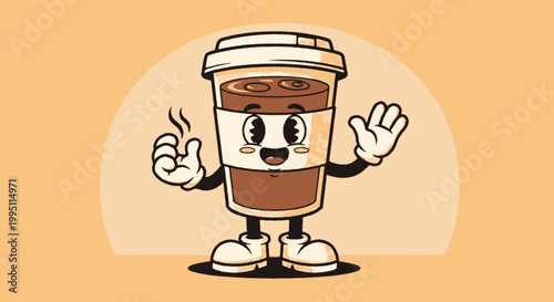 Cute cartoon coffee cup character waving hello.