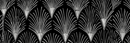 Seamless Art Deco geometric fan repeating pattern. Seamless Art Deco pattern featuring radiating white lines and dots on a black background
