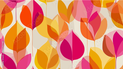 Seamless mid-century modern floral pattern with abstract leaves. Abstract repeating pattern showing colorful stylized leaves with a mid-century modern aesthetic