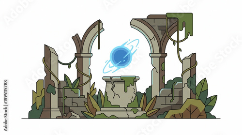 Magical blue energy orb floating in ancient ruined stone temple