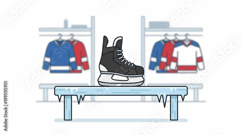 Ice hockey skate on frozen bench with jerseys in background