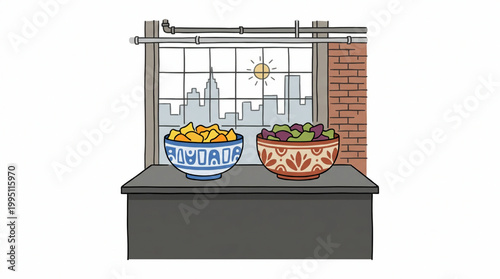 Illustration of two bowls of snacks by a window overlooking a city