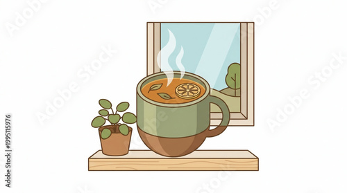 Illustration of a steaming mug of hot tea with lemon on a wooden shelf