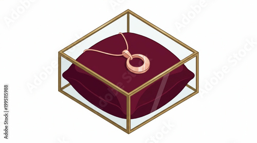 Luxury gold necklace inside a glass display case with a velvet cushion