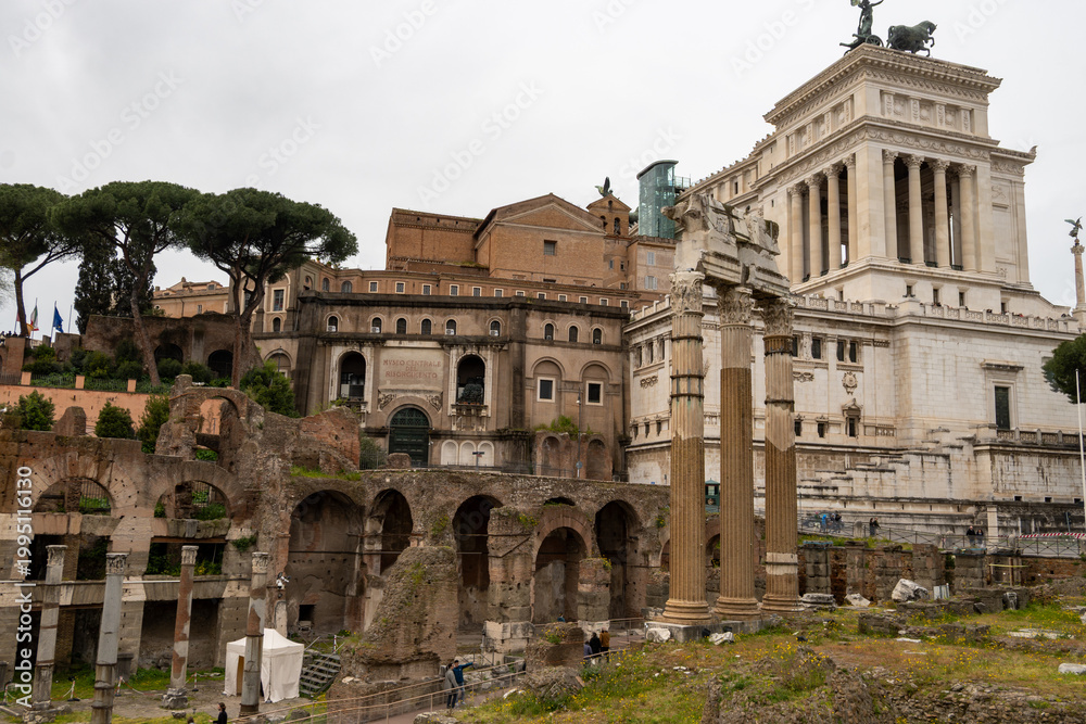 Fototapeta premium Architectural history in details of ruins, old buildings, walls, amfitheatres, arches in old part of Rome, dated from 300 BC, guided tours in Rome, Italy