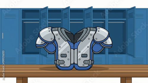 American football protective shoulder pads in a team locker room