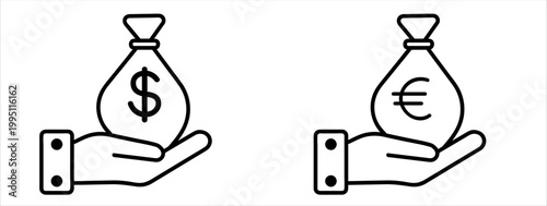 Pair of linear icons side-by-side: a palm-up hand presenting a large money bag with a dollar sign on the left, and a matching hand presenting a similar bag with a euro sign on the right. A robust and 