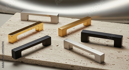 Collection of modern rectangular cabinet handles in various metallic finishes including gold black and silver displayed on a textured stone surface
