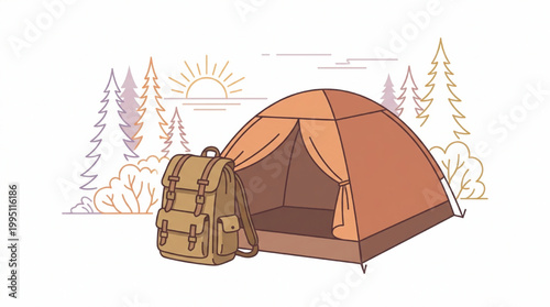 Camping gear with tent and backpack in a forest