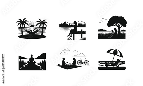 Foto Person meditating in various peaceful nature scenes