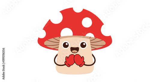 Cute Cartoon Mushroom Character with Red Spotted Cap, Happy Expression