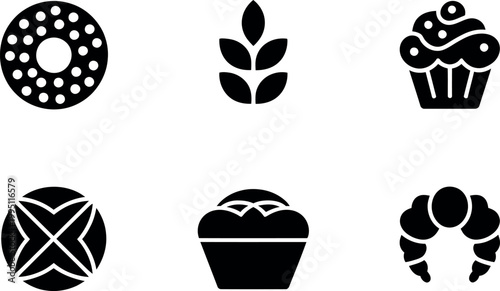 Black silhouettes of various food and plant icons on white background