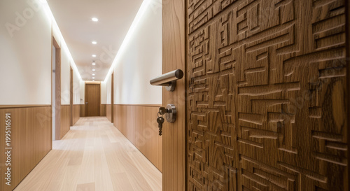 Modern interior hallway with a richly carved wooden door and bright lighting showcasing contemporary architectural design and minimalist aesthetics.