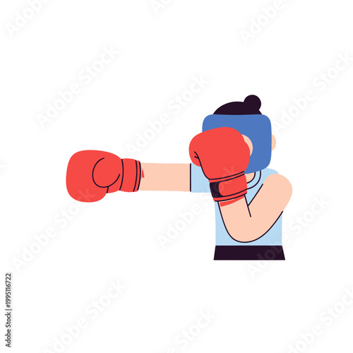 Bilde på lerret Boxer in action, throwing a punch with red gloves and protective headgear