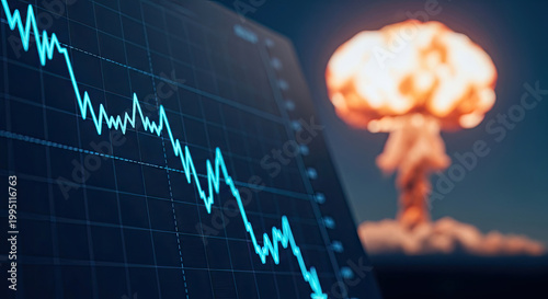 Gloomy digital render of a neon blue financial graph showing a sharp decline against a blurred fiery nuclear mushroom cloud in a dark sky