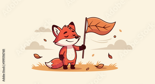 Cute cartoon fox holding a leaf flag.