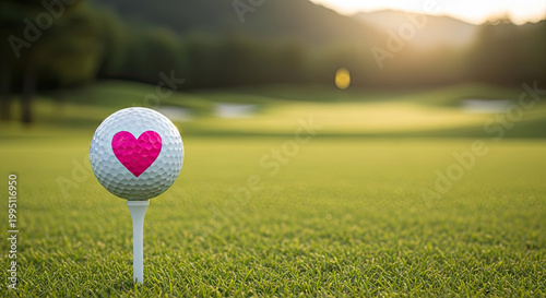White golf ball with a vibrant pink heart design resting on a tee in the foreground of a sunlit golf course conveying love for the sport.