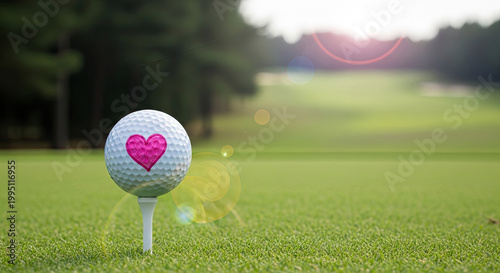 White golf ball with a vibrant pink heart sits on a tee on a lush green golf course fairway illuminated by bright sunny outdoor light and lens flare.