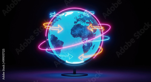 Dynamic neon glowing digital Earth globe with vibrant pink orange and blue arrows orbiting symbolizing global network and data exchange.